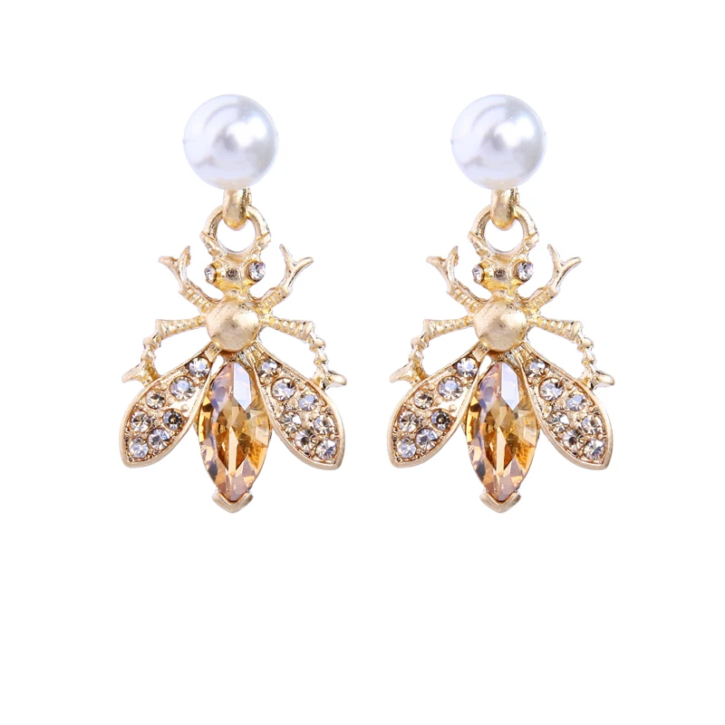 Серьги подвески с имитацией жемчуга и насекомых высокое качество кристалл