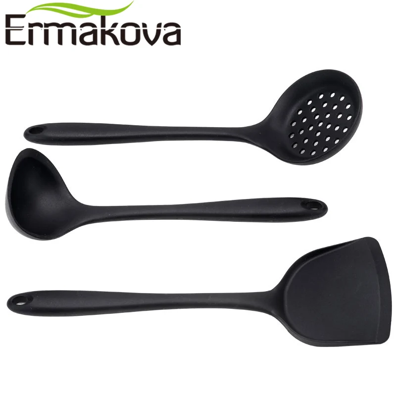 ERMAKOVA 3 шт./компл. антипригарный силиконовый Тернер шпатель шумовка суповая ложка из термостойкого Кухня Пособия по кулинарии посуда(черный