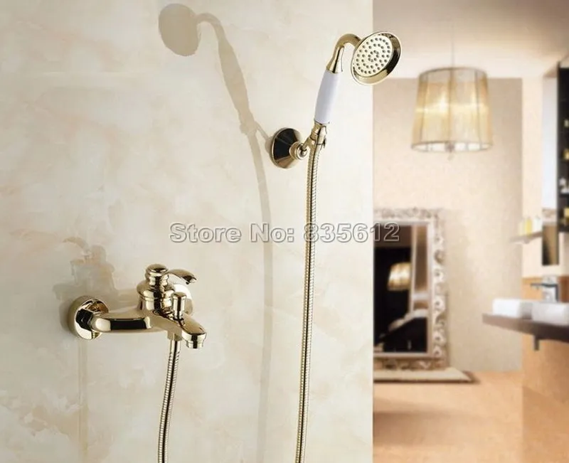 Gold Color Brass Bathroom Bathtub Shower Faucet Set Single Handle Mixer Tap with Wall Mounted Ceramic Hand Held Wtf402 | Обустройство