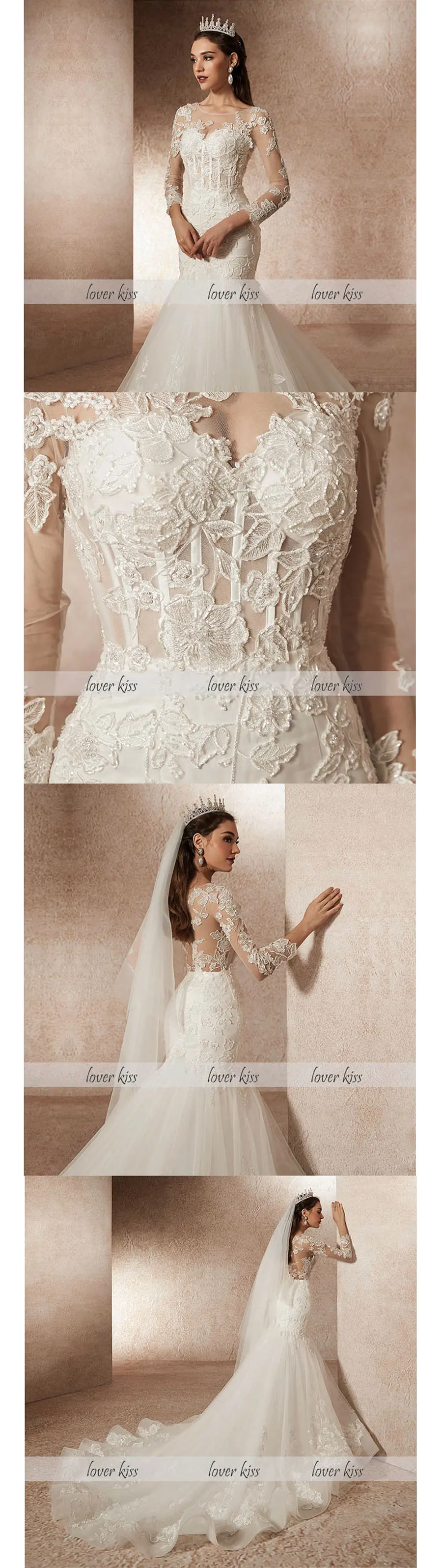Lover Kiss Vestido De Noiva прозрачный длинный рукав Роскошные свадебные платья кружевное подвенечное платье украшенное бусами сексуальный халат mariage sirene