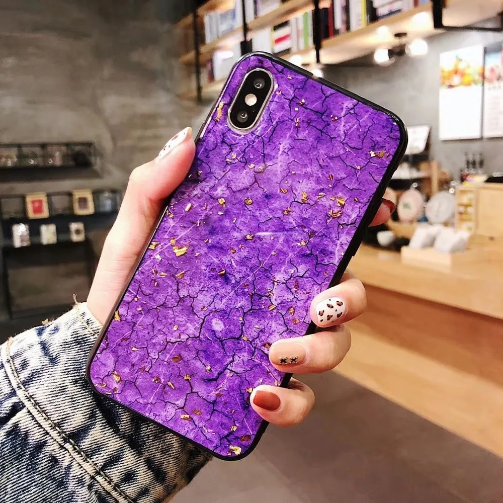 for iphone 6 6s 7 8 plus X Xs max Xr Violet Emerald Color Marble Phone Case Glitter Gold Foil Black Soft Edge Mobile Back Cover |