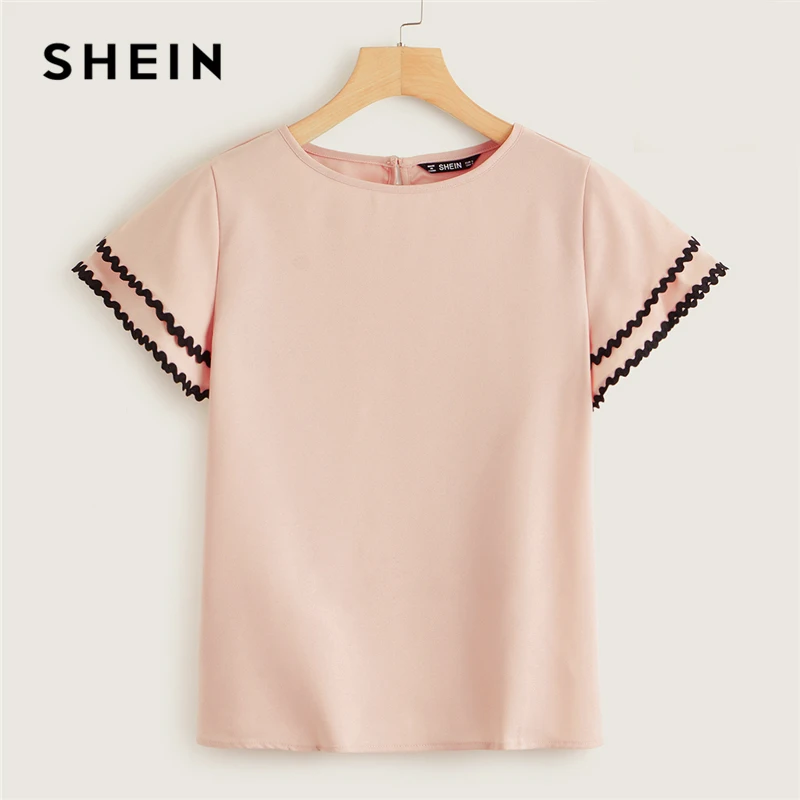 SHEIN розовая контрастная волнистая кружевная отделка, многослойная женская блузка с рюшами на рукавах, топ, летняя однотонная Повседневная блуза с круглым вырезом и коротким рукавом