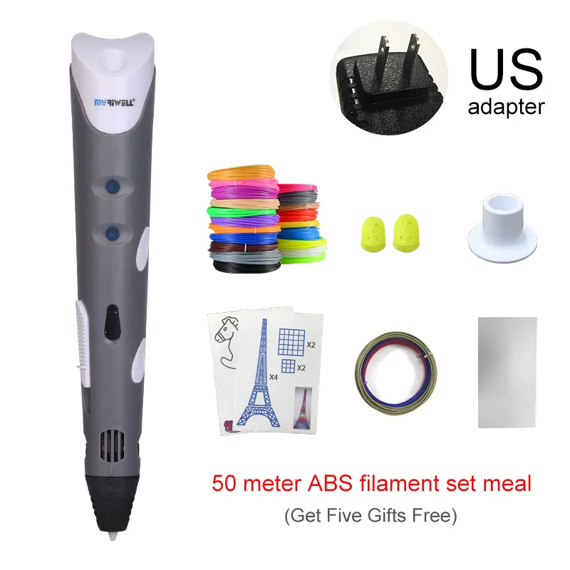 Grey US Myriwell 3D Ручка с 50 м 1,75 мм ABS нитью, умная 3D Ручка для печати, 3d ручки для детей, подарок на день рождения, Рождество, 3d Ручка для рисования - Цвет: Grey US