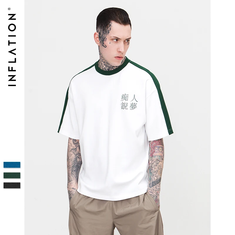 INFLATION Chinese Large Font Print Funny Casual Loose T-shirt For Men 2018 New Arrival Hip Hop White Short Sleeve Top Tee 8229S | Мужская