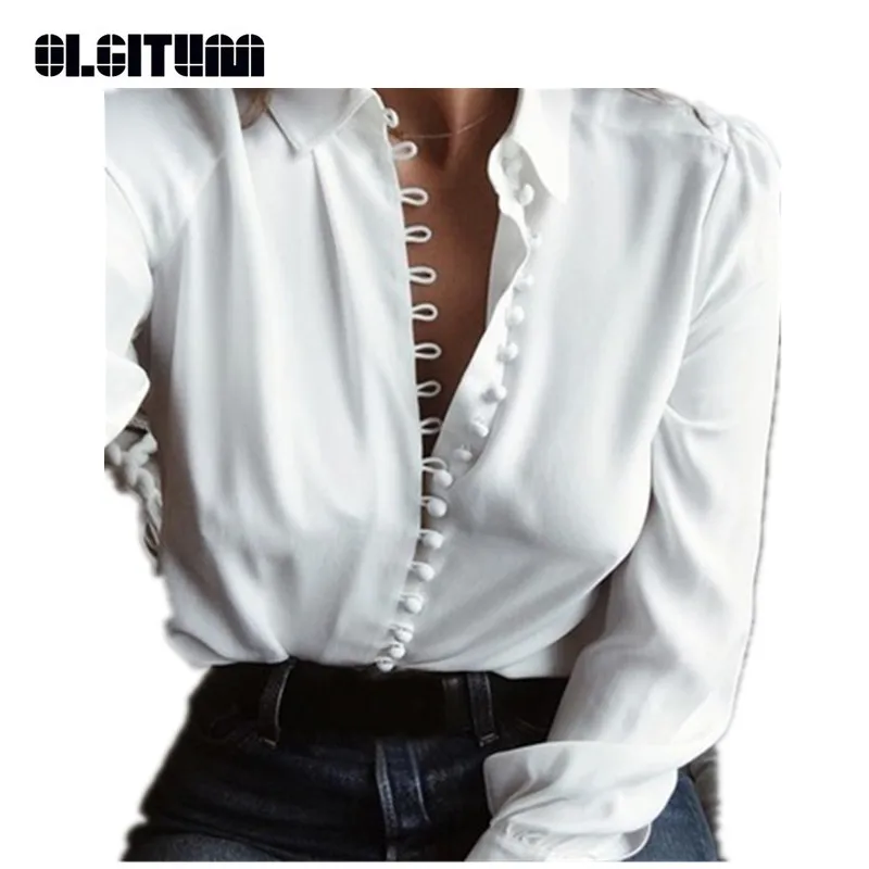 New OLGITUM Women Casual Solid Long Sleeve Button Blouse Shirt 2018 Turn-down Collar Irregular Blusas Femme BS220 |