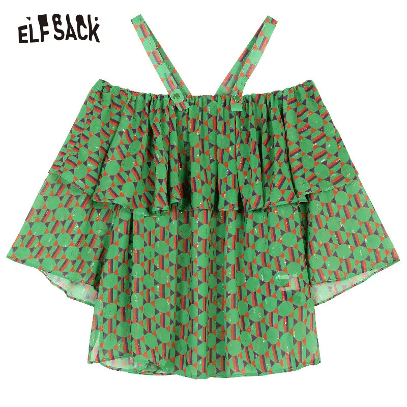 Женская блузка ELFSACK с зелеными оборками и рукавом бабочкой летняя 2019|Блузки| |