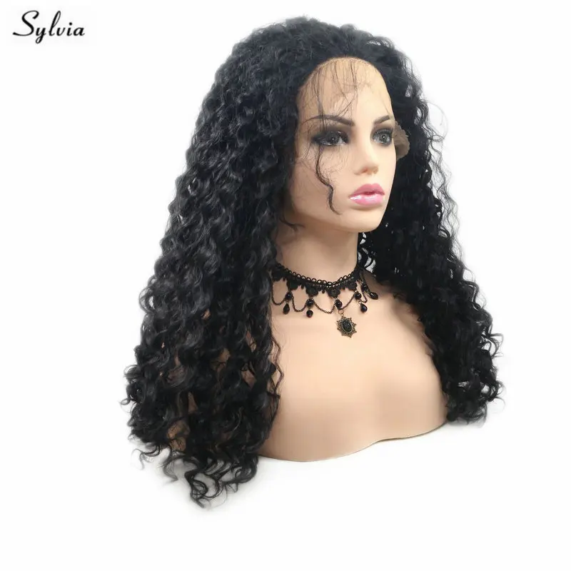 Sylvia Glueless парик с кружевом спереди для леди свободная волна черный волосами