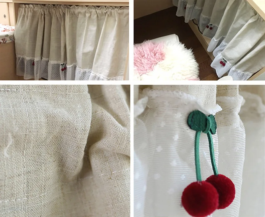 1 PCS Rod Pocket Cherry Lace Half Curtain Living Room Divided Beige Linen Short Curtain Kitchen Cabinet Cafe Drapes Home QT048D3