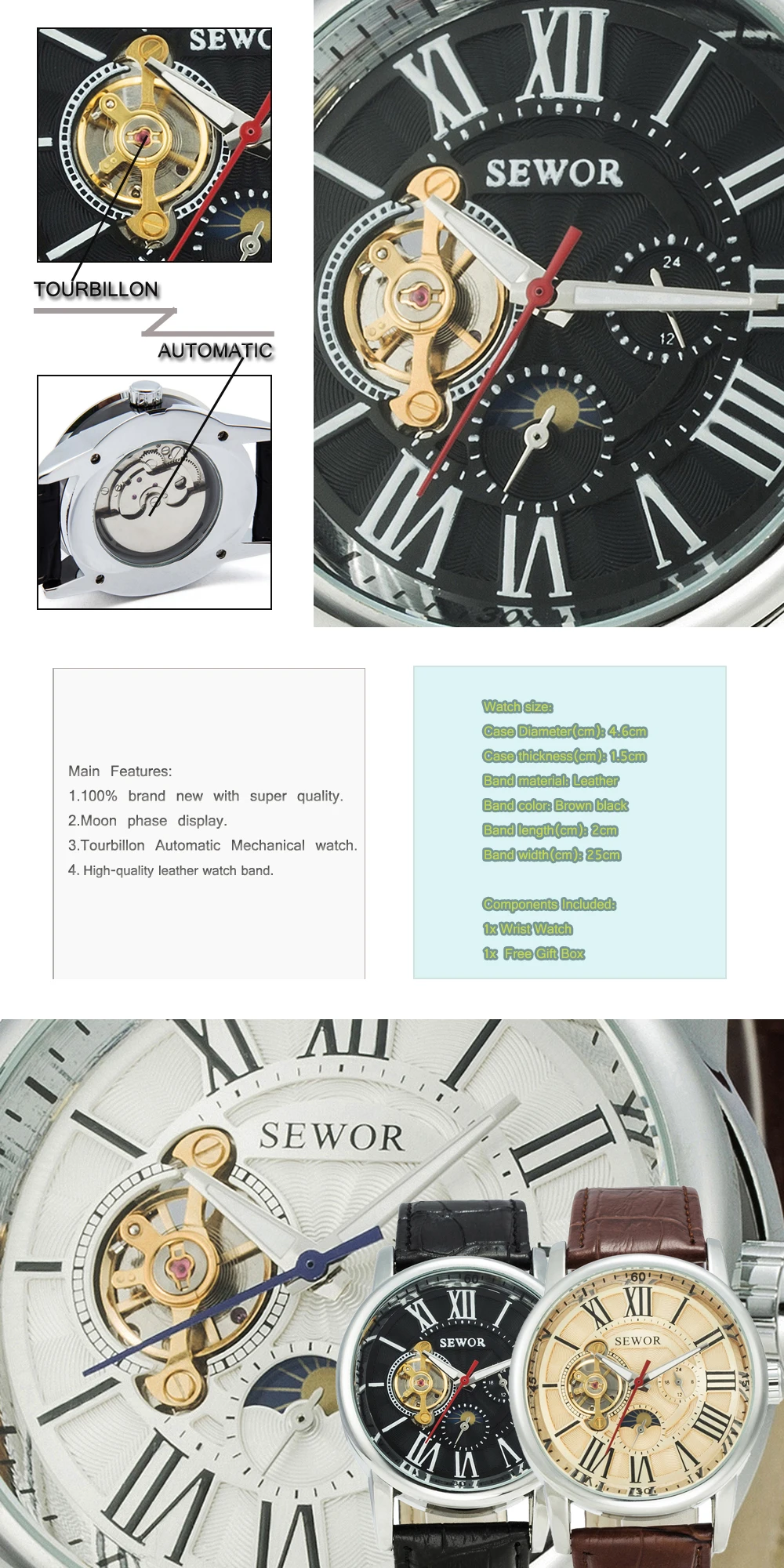 SEWOR для мужчин s Топ люксовый бренд высокого качества Tourbillion Moon Phase механические Автоматические спортивные часы мужские кожаные Наручные часы