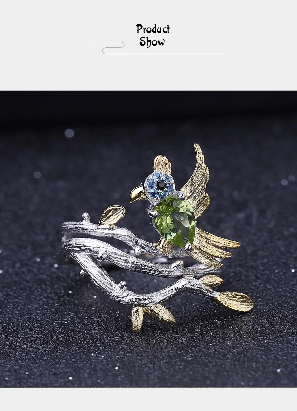 GEM'S балетные 925 пробы серебряные ювелирные изделия 0.78Ct натуральный зеленый перидот драгоценный камень кольцо птица на ветке кольца для женщин подарок
