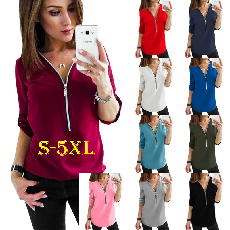 Blusas Mujer De Moda 2019 Блуза женская одежда повседневная с длинным рукавом на молнии