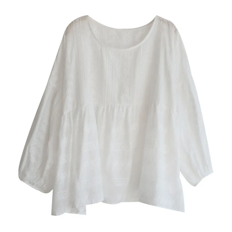 5952 Spring Women Literary floral Embroidered Lantern Three-quarter Sleeve Japan Style O-Neck Loose Cotton Shirts Blouse | Женская