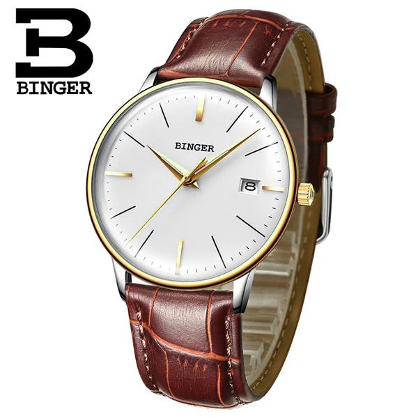 leather White Gold Switzerland BINGER 8 мм ультра-тонкие автоматические механические часы мужские брендовые Роскошные мужские часы сапфировые наручные часы мужские водонепроницаемые - Цвет: leather White Gold