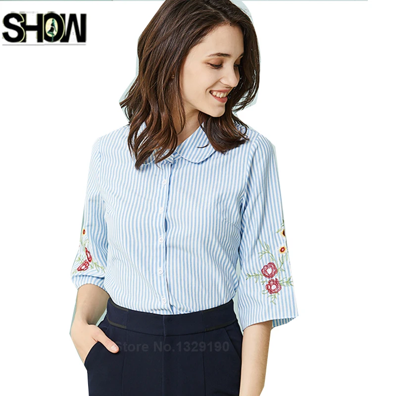 Embroidery Tops Women Fashion Peter Pan Collar Blouses Shirts Elegant Lady Office Cute Sweet Button Blue Striped Shirt 5XL 4XL |