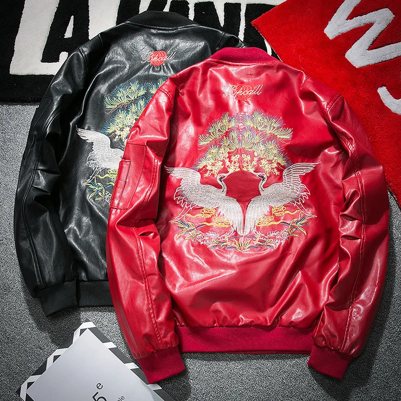 MANVALUE European and American High Street Tide Crane Embroidery Men's Autumn Air Force Pilot Suits PU Leather Jackets