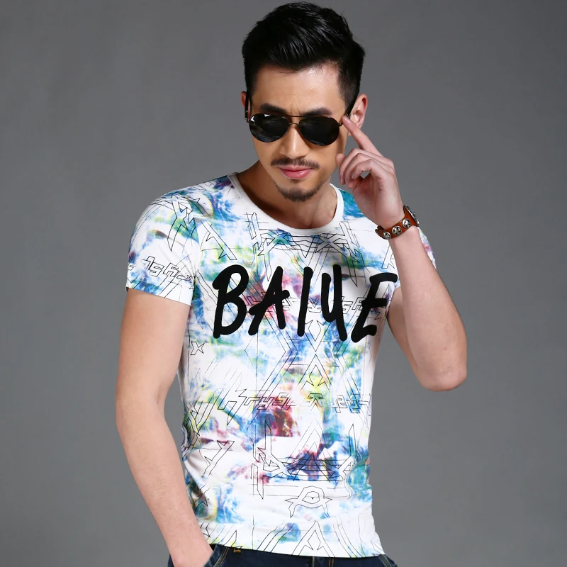 Лето 2017 г. мужские повседневные футболки с круглым вырезом Белый Геометрический