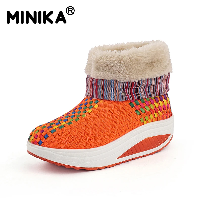 Minika Winter Women Snow Boots With Fur Warm Ankle Outdoor Sneakers Slimming Walking Platform Velvet Wedges Swing Shoes | Обувь