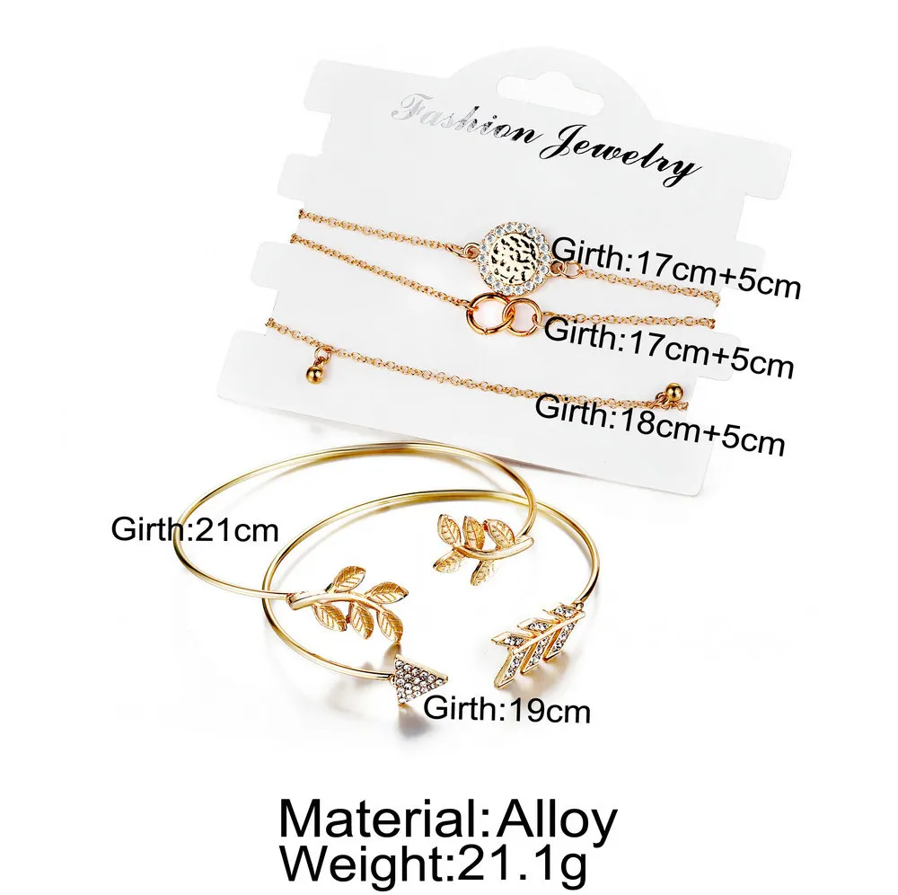 RLOPAY 5Pcs/Set Fashion Arrow Leaf Cuff Circle Round Bracelet Adjustable Bead Chain Female Bangle Jewelry Accessories | Украшения и
