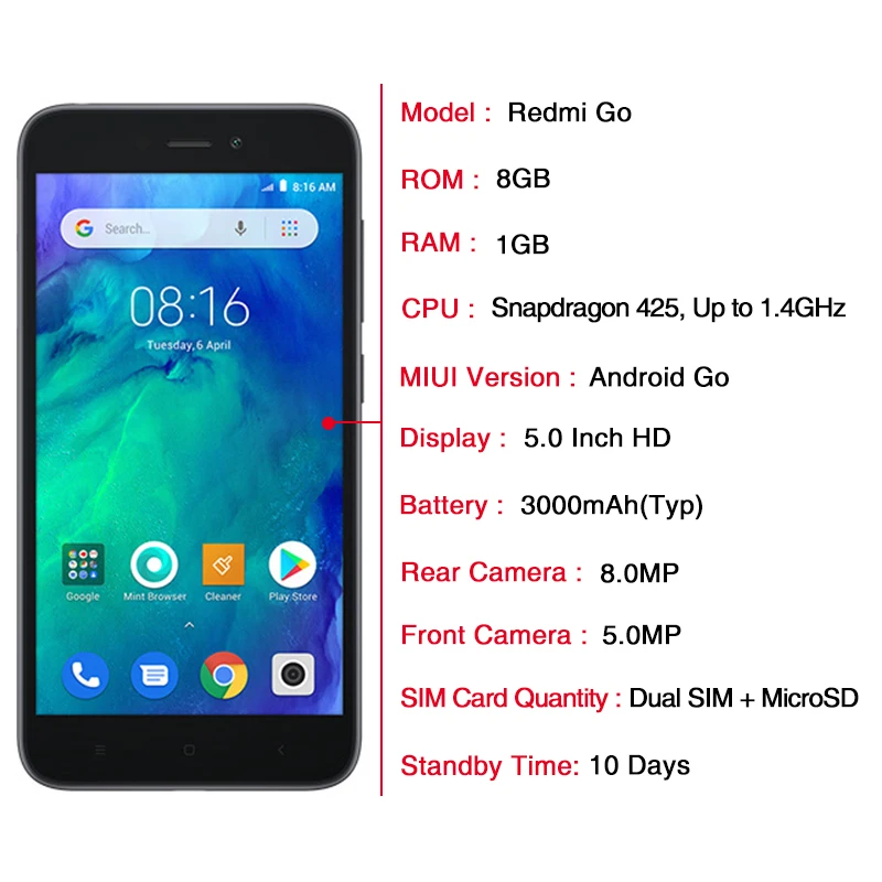 Глобальная версия Xiaomi Redmi GO 1 ГБ 8 Snapdragon 425 5 0 ''дисплей 4G мобильный телефон 3000 мАч