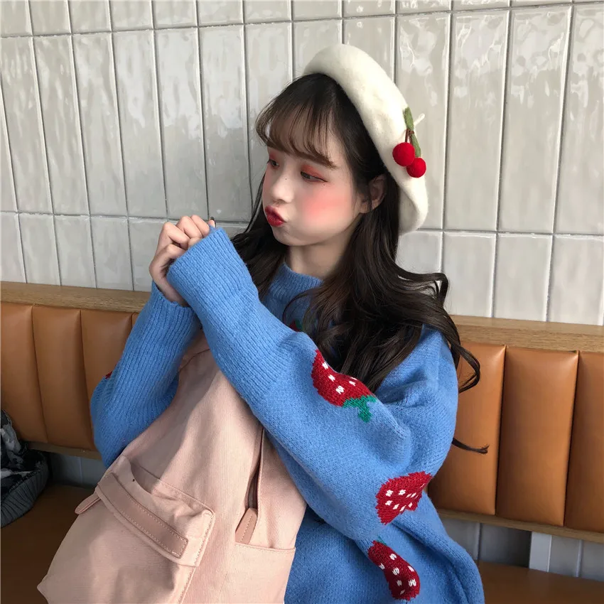 2018 new winter fashion warm knit sweaters women's Korean version of loose strawberry thicken O-neck pullover sweater | Женская