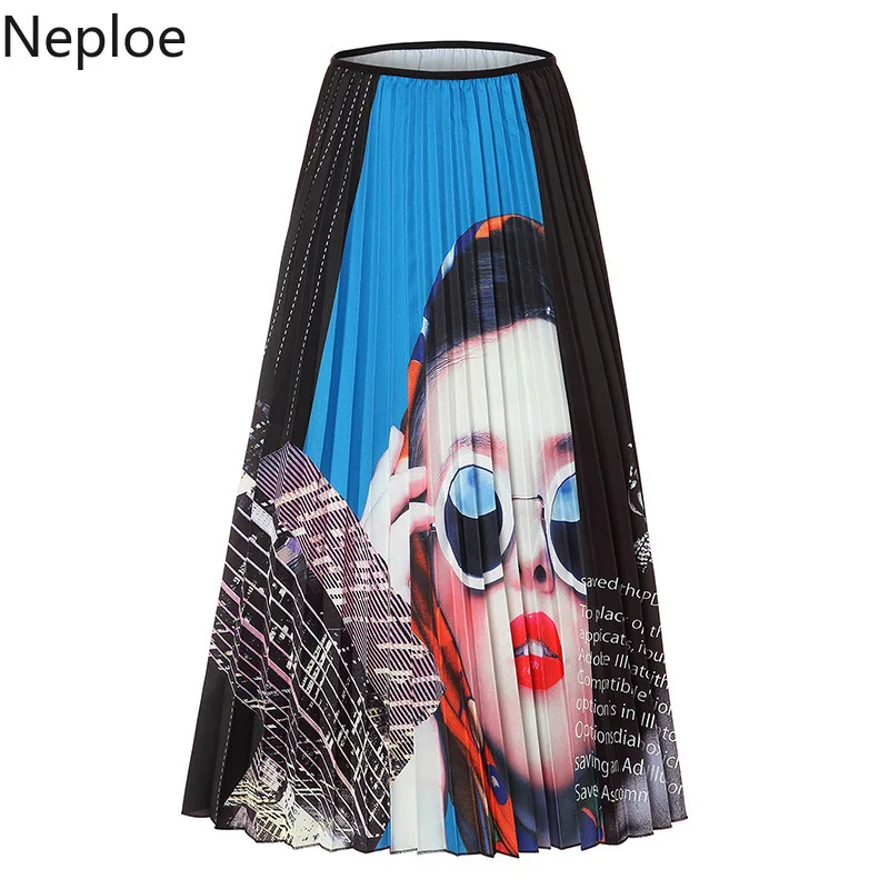 Neploe Pleated Skirt Women Summer 2020 Sunglasses Beauty Print Skirts Letter Elastic Waist Jupe 43630 | Женская одежда