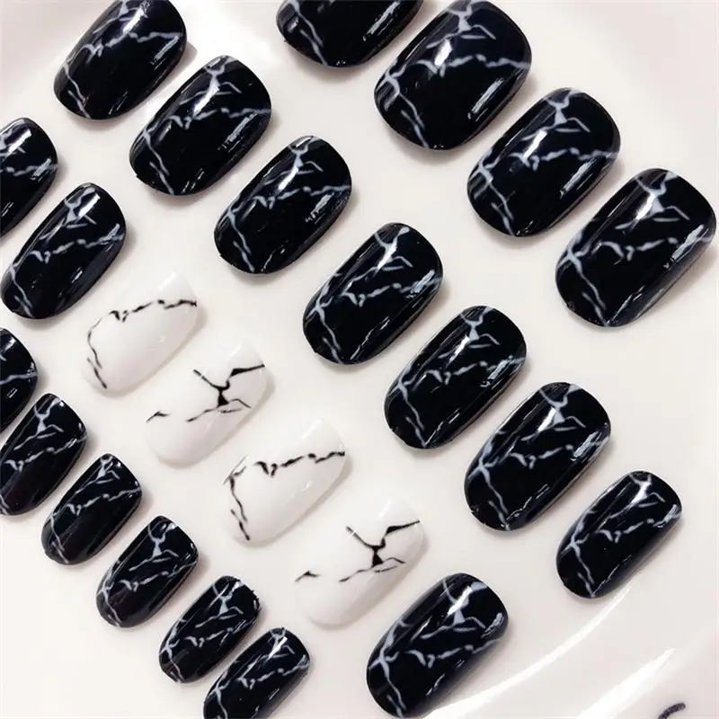 24 PCS Smooth Marble False Nails Long Square Full Designed with Glue Sticker for Ladies Press on nails Nail Tips! | Красота и