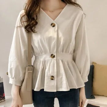 Women's Casual V Neck Button Up Slim Ruffles Waist Long Sleeve Solid Blouse Batwing Sleeve Shirt Women Tops Female  Autumn 1
