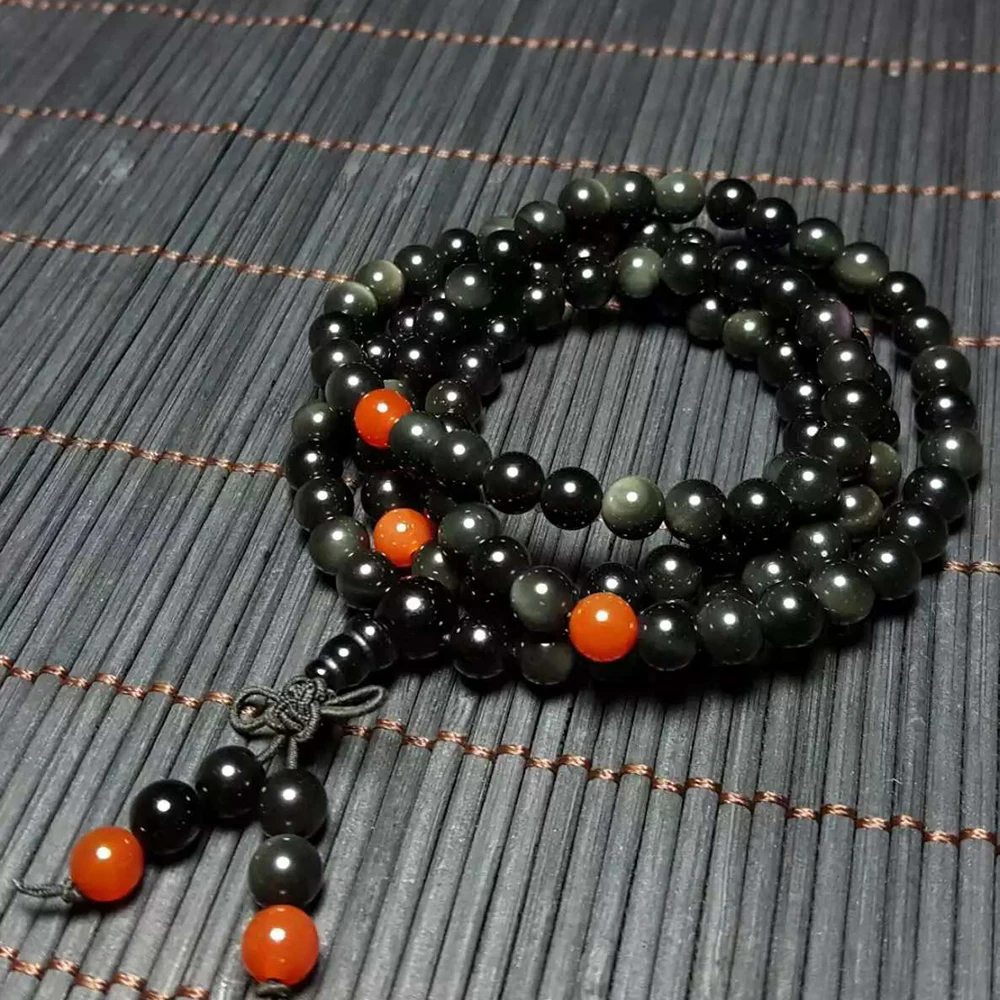 Черный обсидиан натуральный камень браслеты 108 Будда Бусы Ожерелье