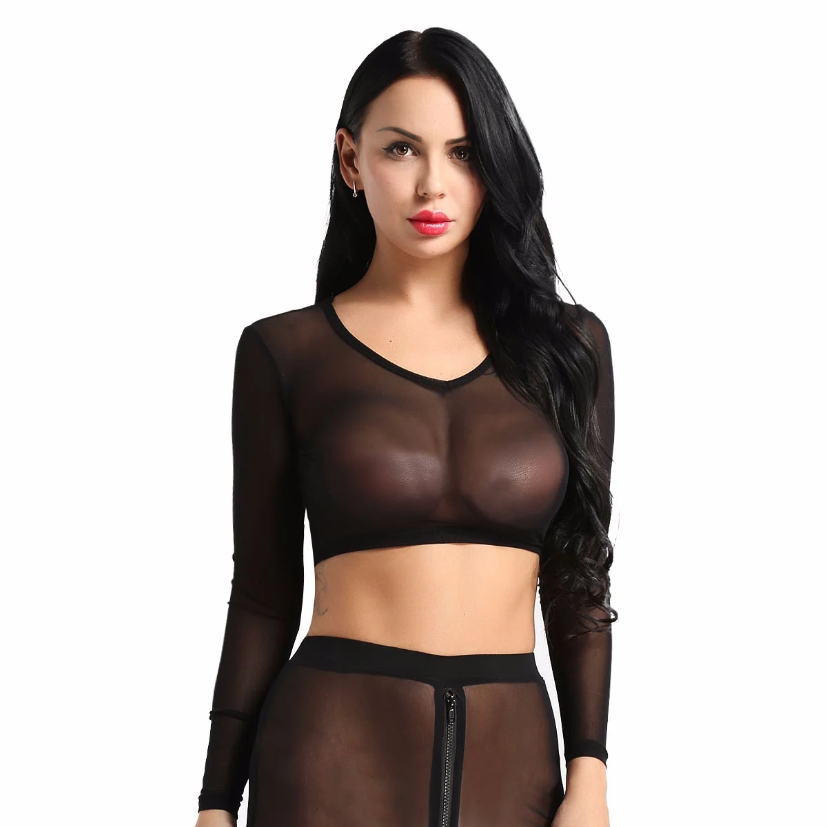 Black Женские эффектные прозрачные сетчатые See Through экзотические майки укороченный топ короткая футболка с длинным рукавом v-образным вырезом белье Верхняя одежда Cover Up - Цвет: Black