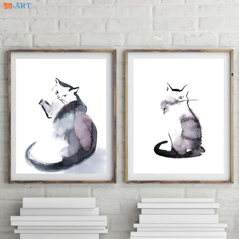 Принт с кошкой минимальная Акварельная живопись искусство на стену животные