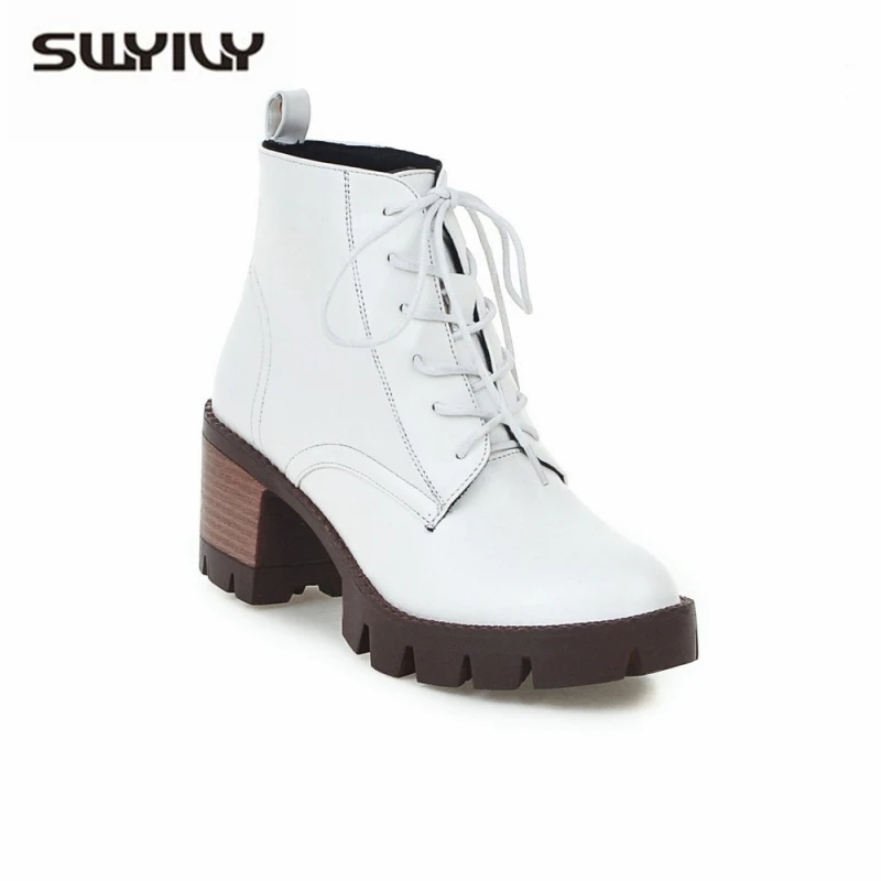 SWYIVY Bootee/ г. Осенне-зимняя женская обувь на блочном каблуке женские ботильоны обувь черного и белого цвета ботинки на шнуровке обувь на платформе, большой размер 34-43 - Цвет: Белый