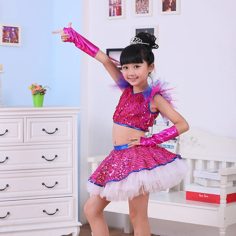Детские костюмы для девочек джаз современные танцевальные расшитые блестками