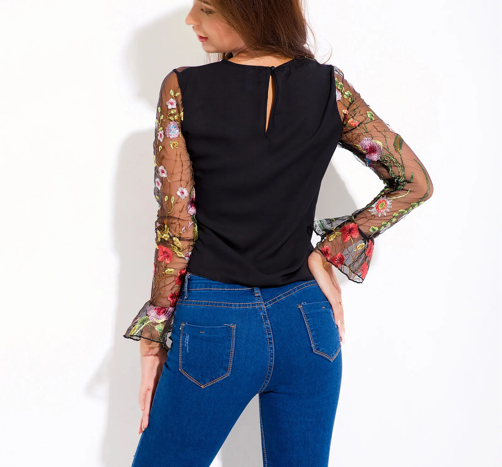 Богемные сетчатые топы с вышивкой 2018 весенние женские сексуальные прозрачные