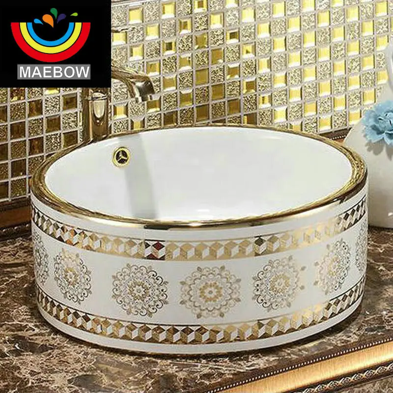 Золотой стеклянный порошок с рисунком столешница круглая керамическая раковина