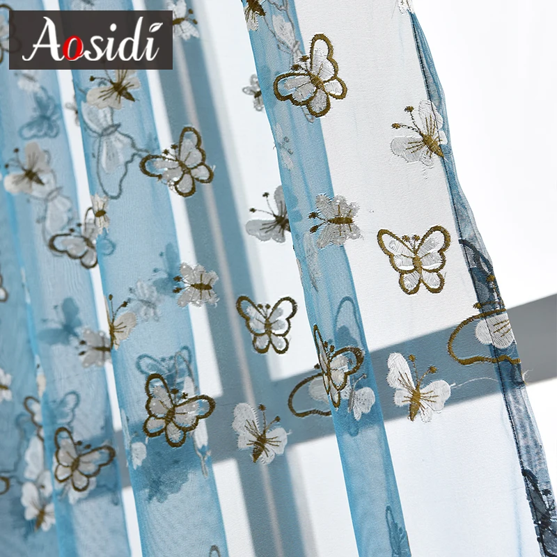 Белая бабочка вышивка тюль для гостиной спальни синяя органза отвесные оконные