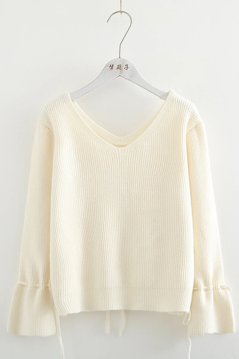 Autumn New Pure Color V-neck Pullover Sweater Women Casual Knitwear Lace Up Flare Sleeve Knitted Chandail Femme Top Coat | Женская