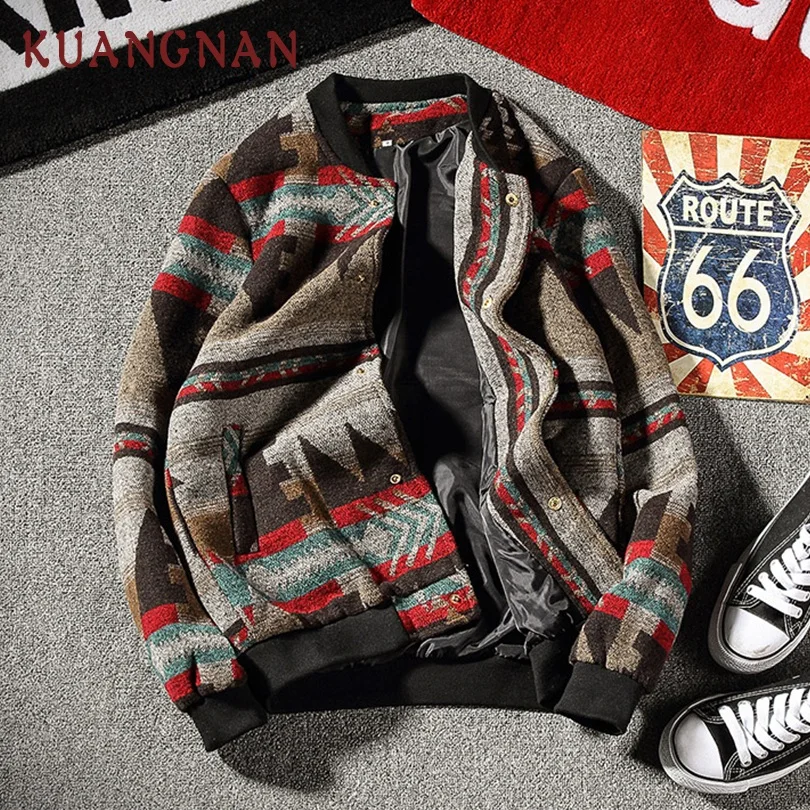 KUANGNAN Woollen Thick Men Jacket Coat Man Winter Coats Streetwear Hip Hop 5XL Men Jacket Coat Black Bomber Jacket Men