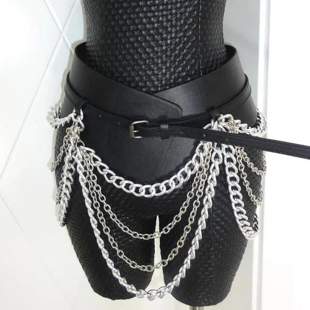 New Fashion Exaggerated Golden Chain Tassel Wide Leather Belt for Women Nightclub Punk Personality Girdle Dress Straps