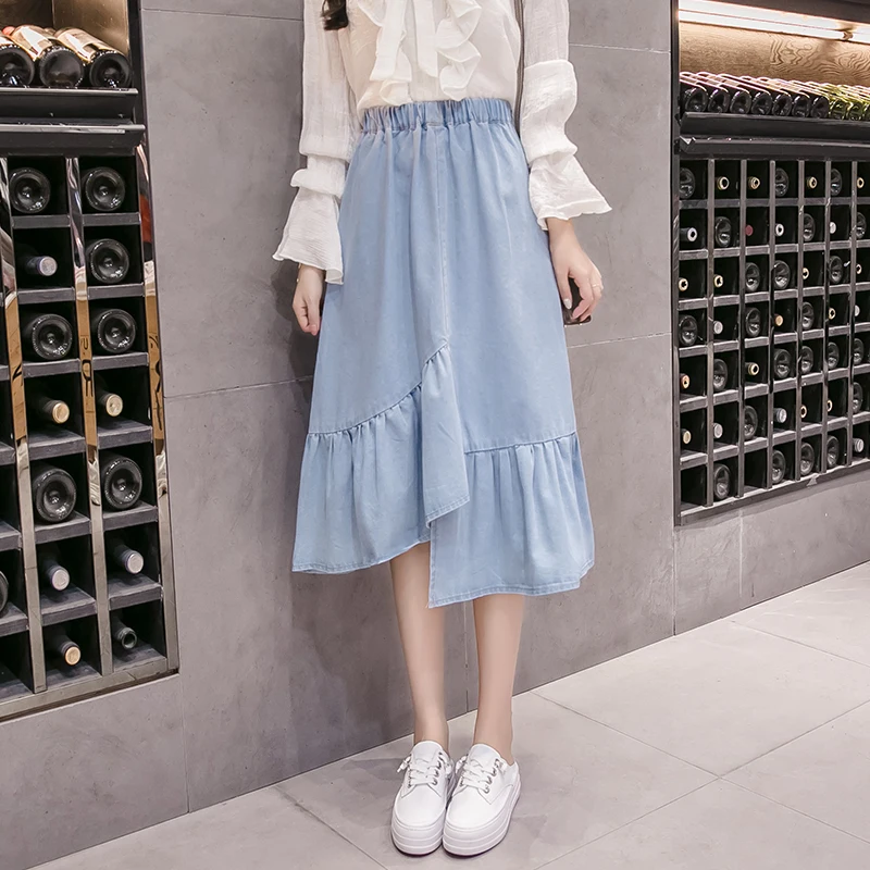 Women denim skirt jeans high waist woman skirts womens fashion calf length a-line elastic all-match blue midi | Женская одежда