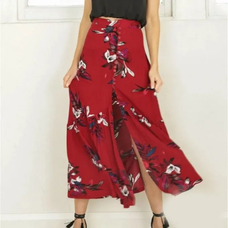 

Винтажная длинная юбка с разрезом и принтом в стиле бохо, летняя женская юбка с высокой талией, Пляжная свободная Макси-юбка