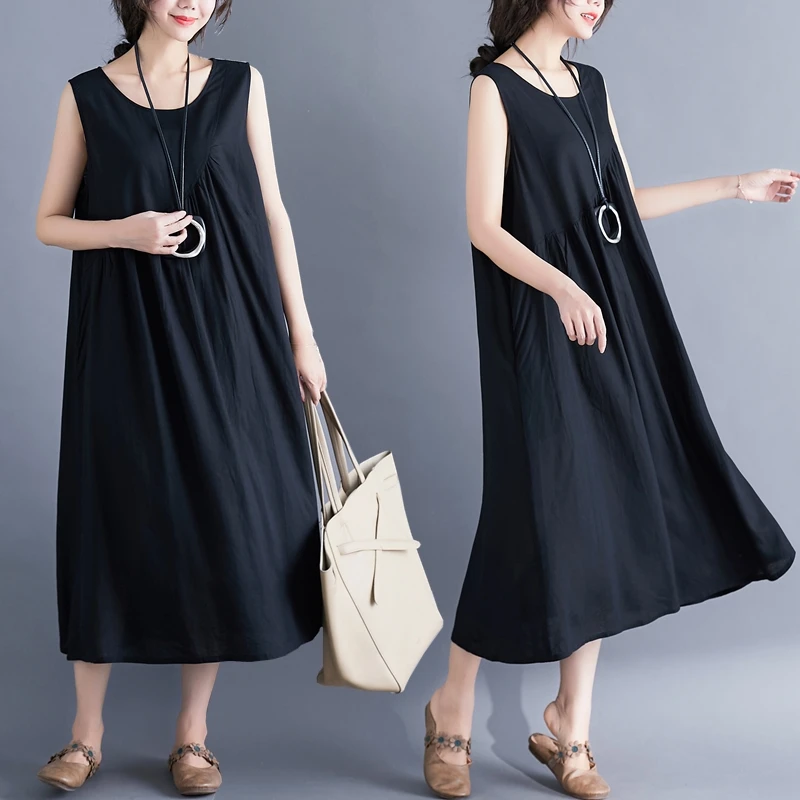 Свободное летнее платье Uego без рукавов Мягкое хлопковое льняное корейское
