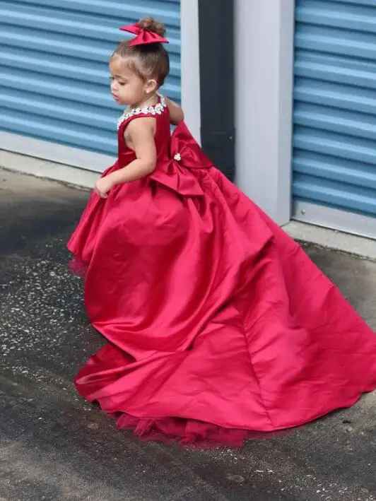 Красное сатиновое Пышное Платье с v-образным вырезом для маленьких детей платье