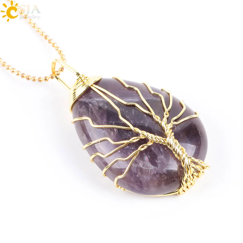 Amethyst Necklace CSJA золотой цвет "Древо жизни" проволочный обруч Капля воды ожерелье и подвесной рейки натуральный драгоценный камень Фиолетовый Синий вены ювелирные изделия из оникса E806 - Окраска металла: Amethyst Necklace