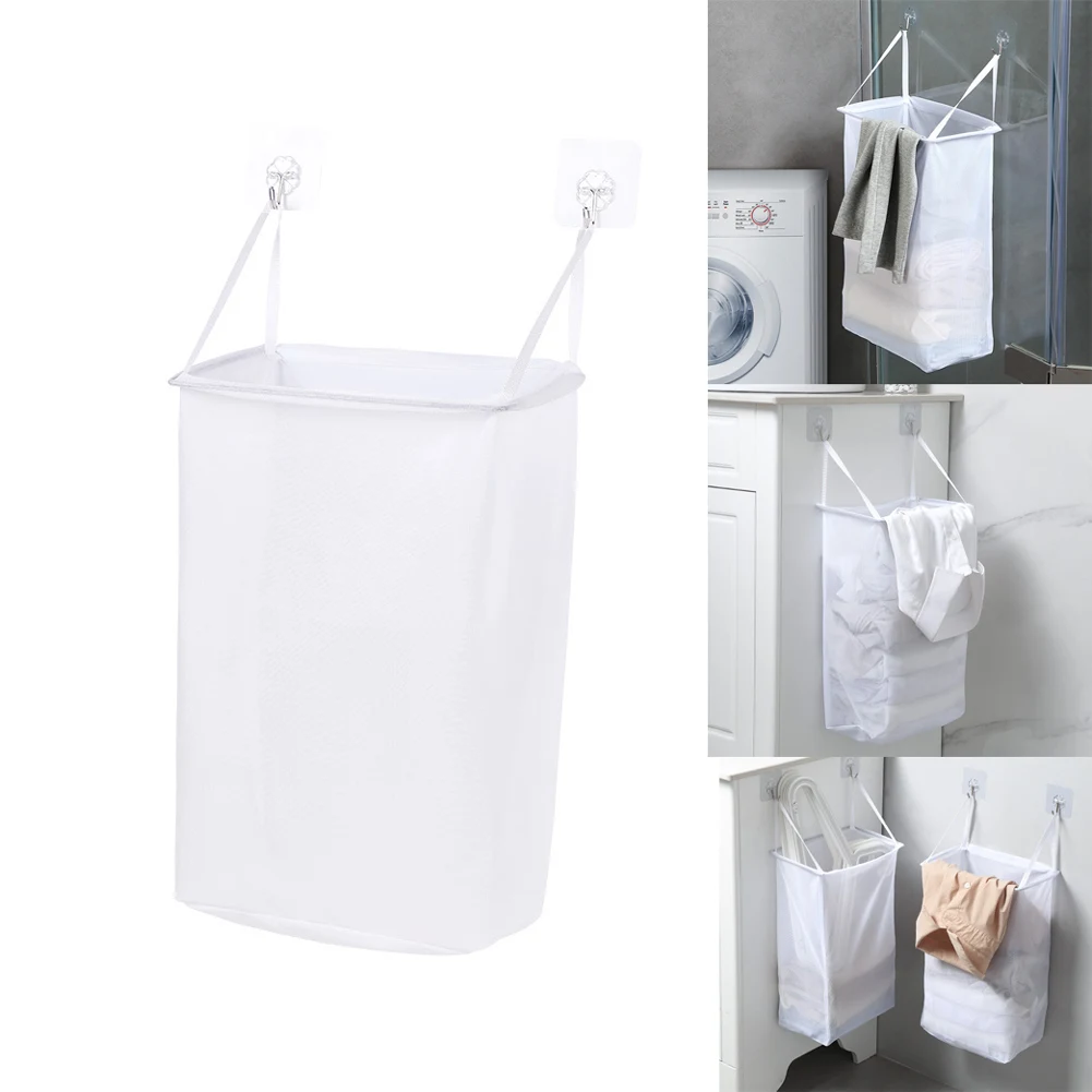 Laundry Basket Hamper Multifunctional Punch Free Home Wall Hanging Storage Washing Clothes Foldable Adhesive Hook Organizer Mesh