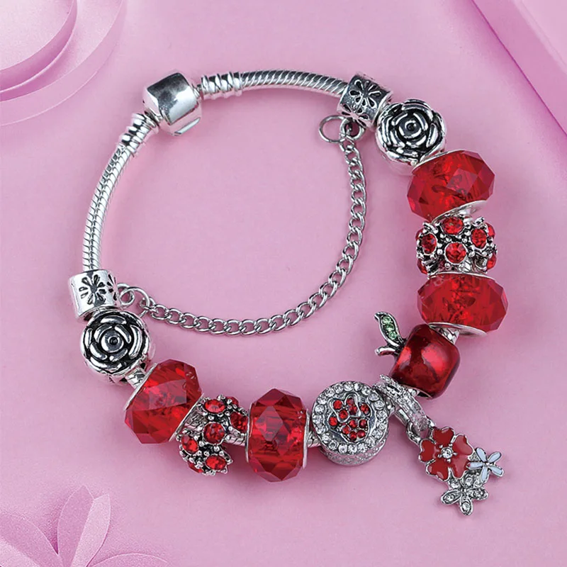2019 New Arrival Red Christmas Ale Flower Charm Bracelet Bangle Silver Color lant Crystal Bead for Diy Jewelry Making|Браслеты с