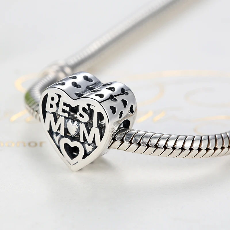 ELESHE Real 925 Sterling Silver Best MOM Heart Beads Charms Fit Original Bracelet Necklace DIY Jewelry Making Mother's Day Gift |