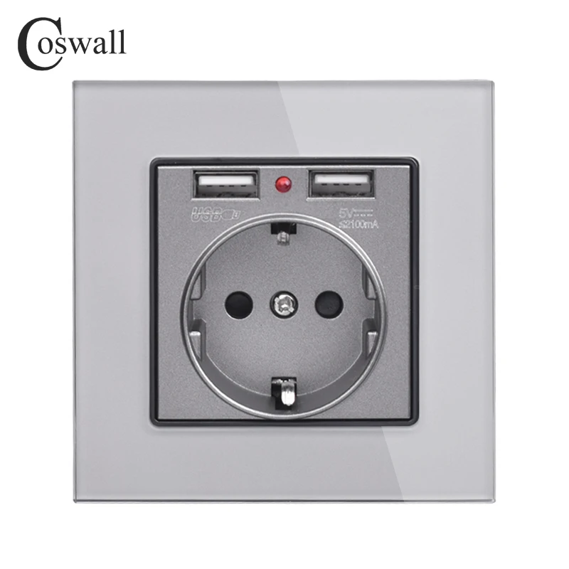 Coswall Хрустальная стеклянная панель с двумя usb-портами для зарядки 2.1A 16A Россия