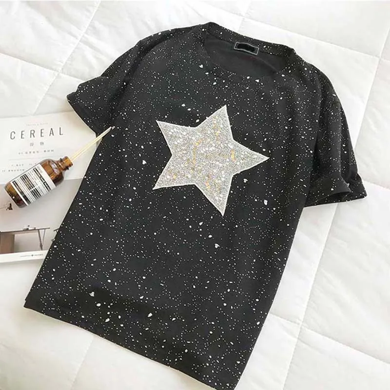 Shine star, женские футболки, лето, новинка, круглый вырез, короткий рукав, свободный, серый, расшитый блестками Топ, футболки, модная женская верхняя одежда, топы