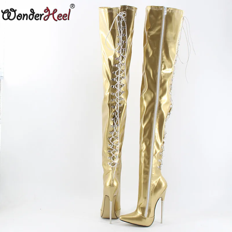 Wonderheel/очень высокий каблук со шнуровкой сзади. " /18 см каблук острый носок пикантные лакированные стилеты металлический каблук пикантные Фетиш сапоги до промежности