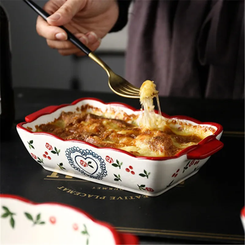 KINGLANG Cherry rectangular baking dish oven home ceramics binaille cheese risotto Italian lasagna |